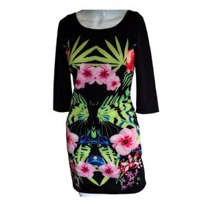 As You Wish Mini Dress Women M Black Floral Bodycon Low Back 3/4 Sleeve Tropical